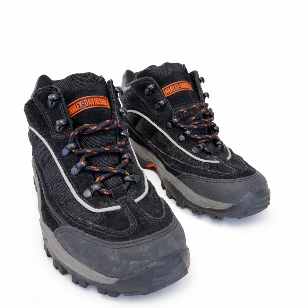 Harley-Davidson Womens Black Suede Mid Top Hiking Boots Size 8 81455 Orange Trim - Picture 2 of 8